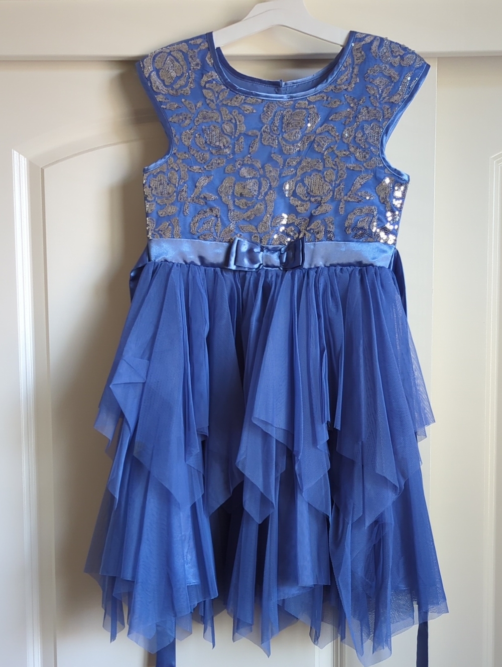 Jona Michelle Blue Sequin Floral Bodice Layered Tulle Dress